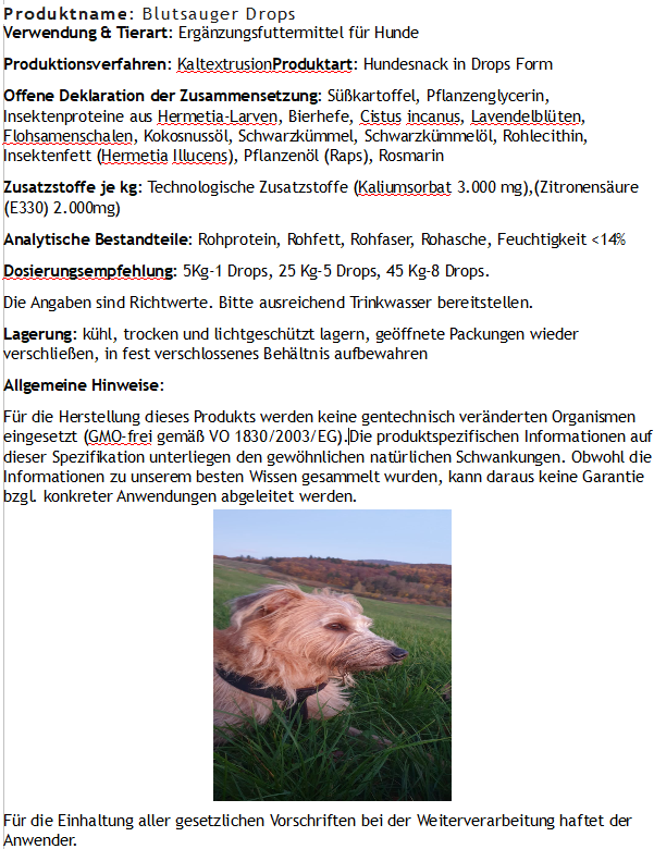 Produktbeschreibung mit Inhaltsangaben und auf einem kleinen Bild ein brauner Hund der im gras liegt.