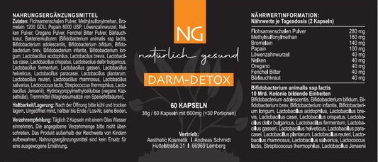 Produktetikett mit orange geschriebenem Produktname Darm-Detox