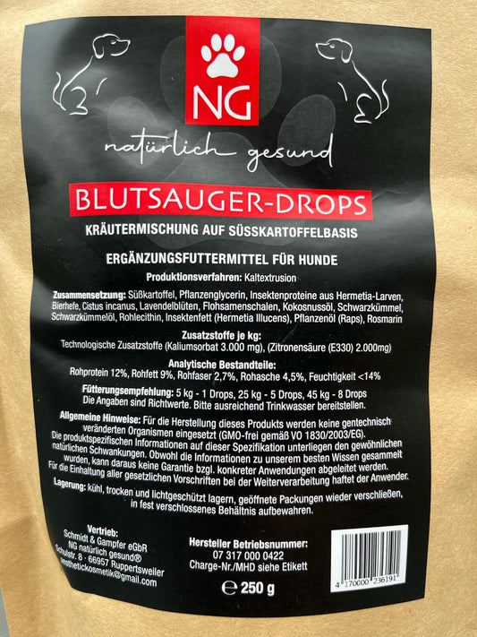 Braune Produktpackung mit schwarzem Etikett und roter Aufschrift Blutsauger-Drops