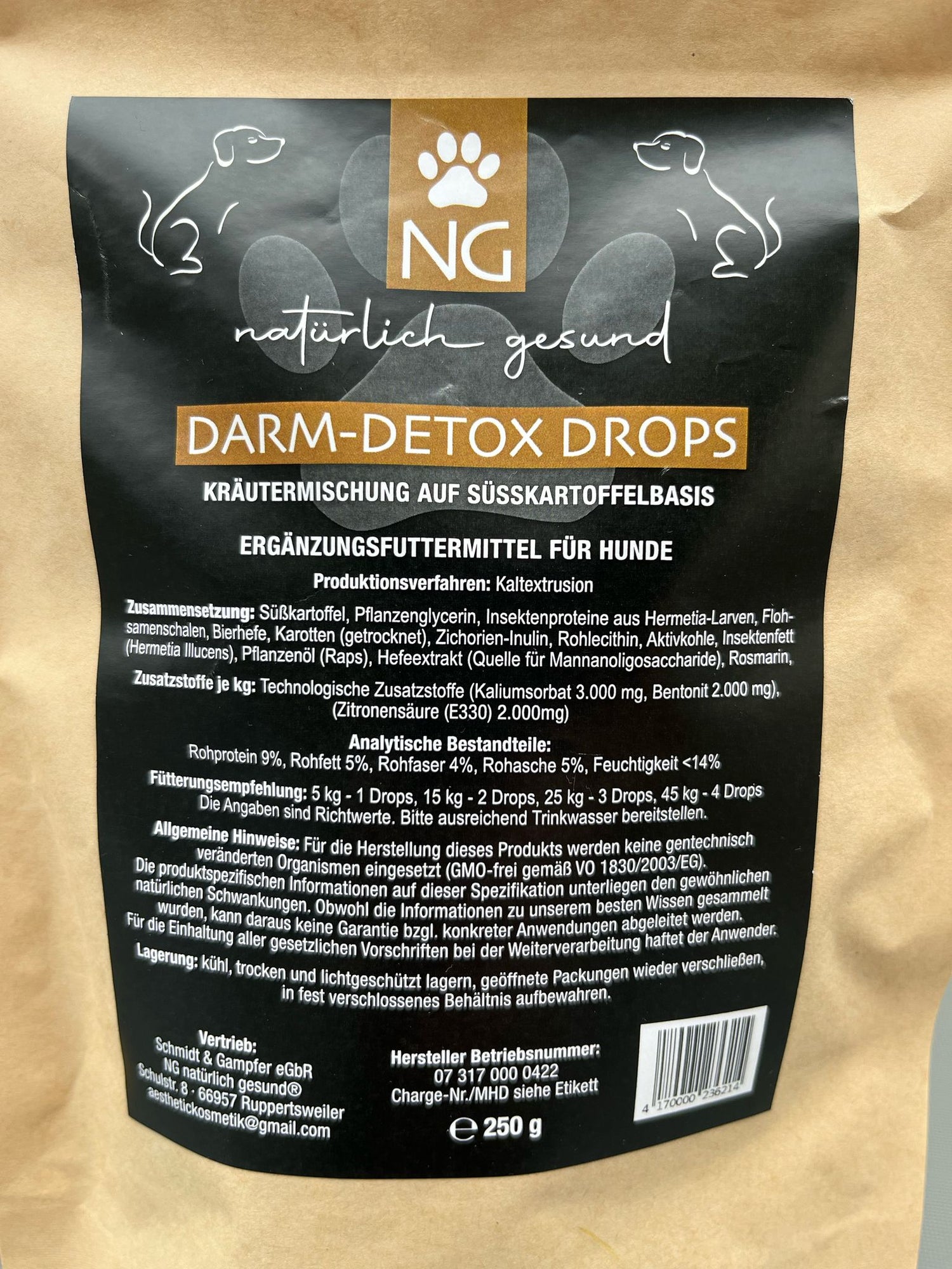 Produktpackung Darm-Detox Drop  ein Ergänzungsfuttermittel für Hunde, braune Packung mit schwarzem Etikett