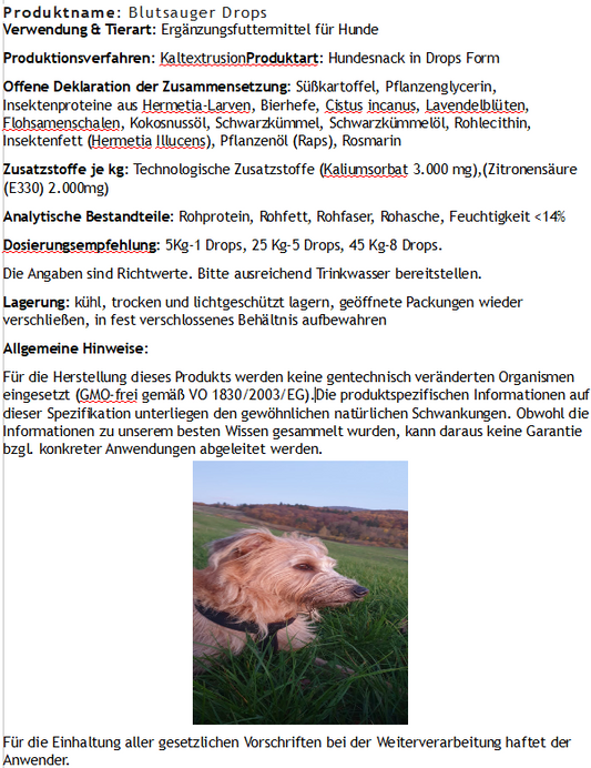 Produktbeschreibung mit Inhaltsangaben und auf einem kleinen Bild ein brauner Hund der im gras liegt.