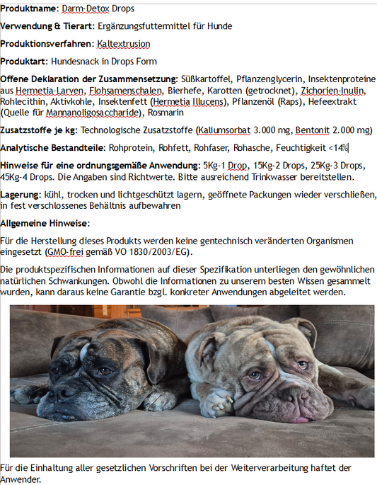Pflichtangaben vom Produkt Darm-Detox Drops mit einem Bild von 2 Hunden auf der Couch